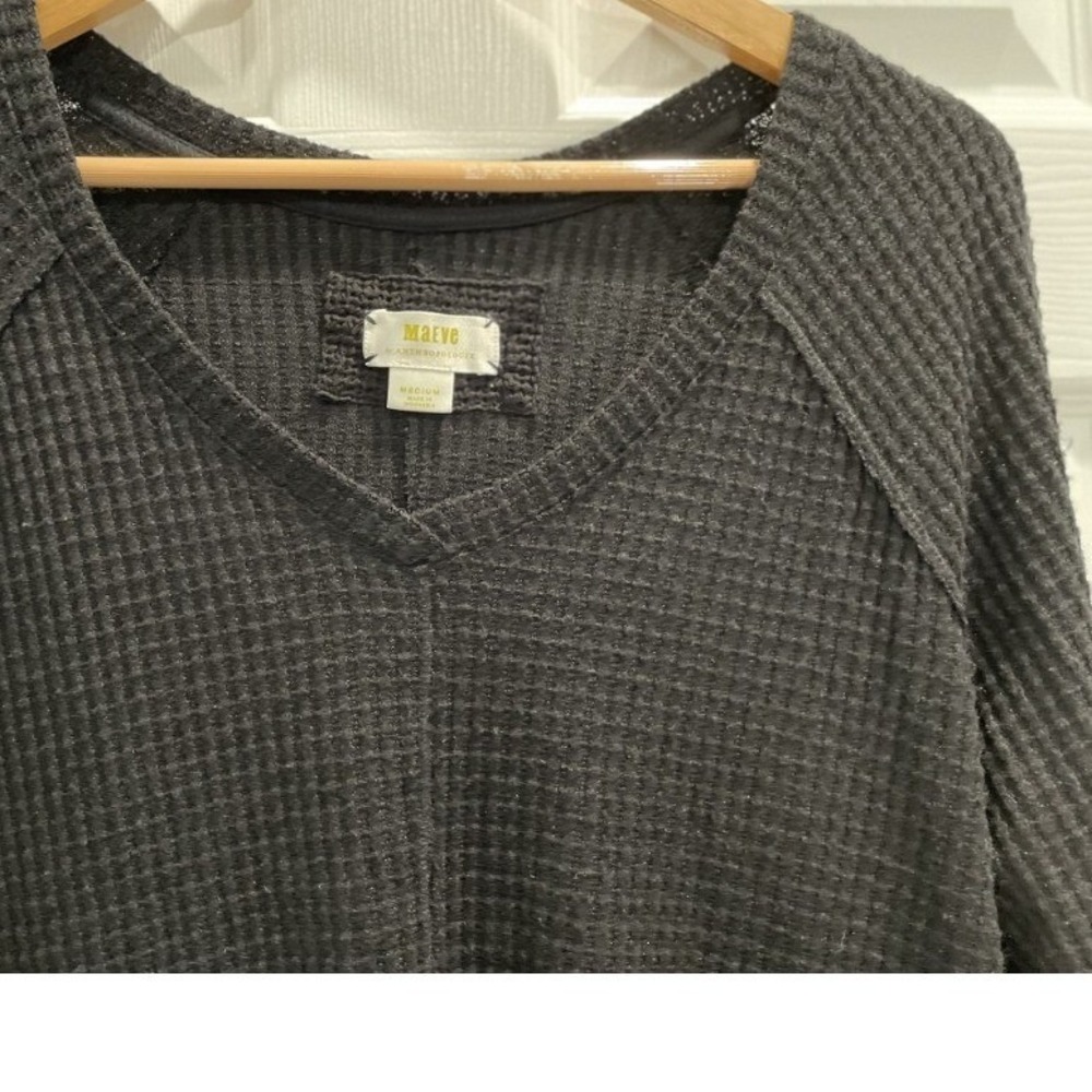 Maeve by Anthropologie‎ Waffle Knit V-Neck Long Sleeve Top Flowy Black Size M